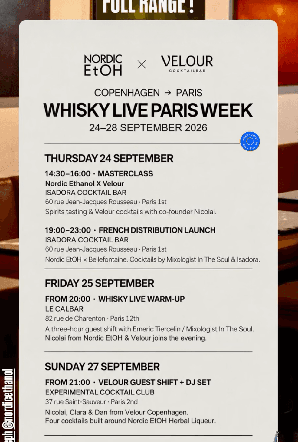 Visuel de l'event Nordic EtOH x Velour Copenhagen — Whisky Live Paris Week